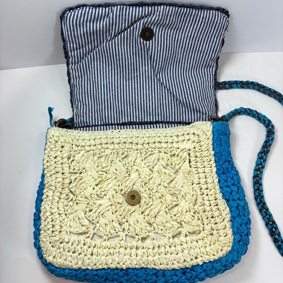 J. Crew Blue Colorblock Raffia Woven Crossbody Bag- Beach Quiet Luxury Handbag - Picture 4 of 10